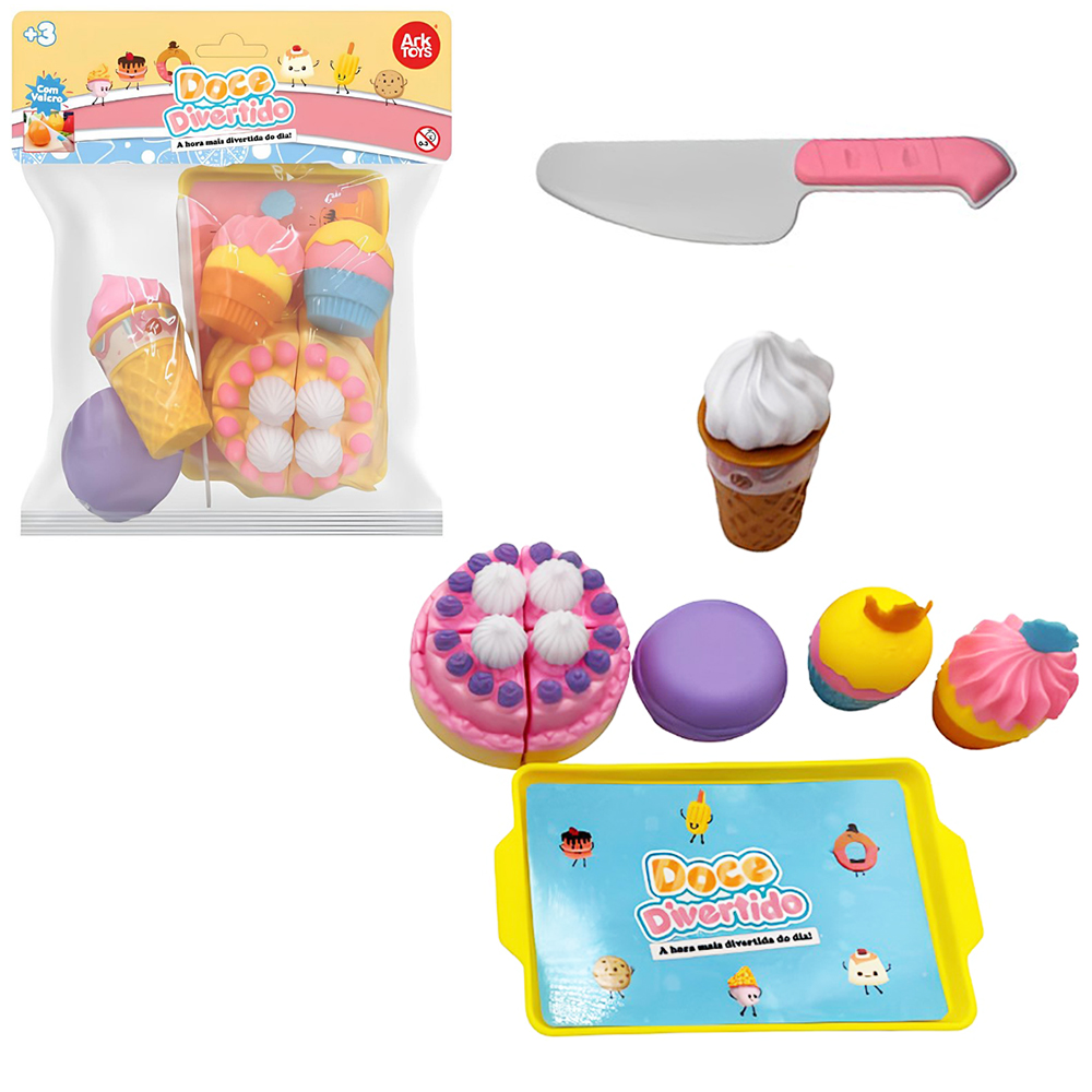 KIT COZINHA INFANTIL COM BOLO + SORVETE + BANDEJA E ACESSORIOS COM VELCRO DOCE DIVERTIDO 10 PECAS