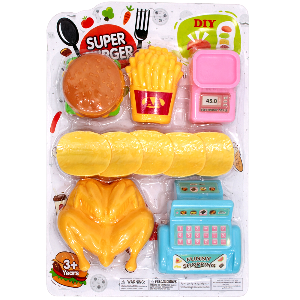 KIT COZINHA INFANTIL COM LANCHE HAMBURGUER + GRANGO E ACESSORIOS SUPER BURGER 14 PECAS