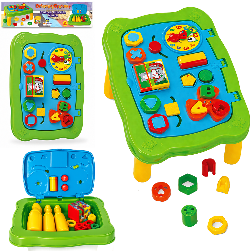 BANCADA INTERATIVA / MESA EDUCATIVA MENINO BRINCAR & CRESCER COM CUBO + ACESSORIOS 13 PECAS 44X32X25CM