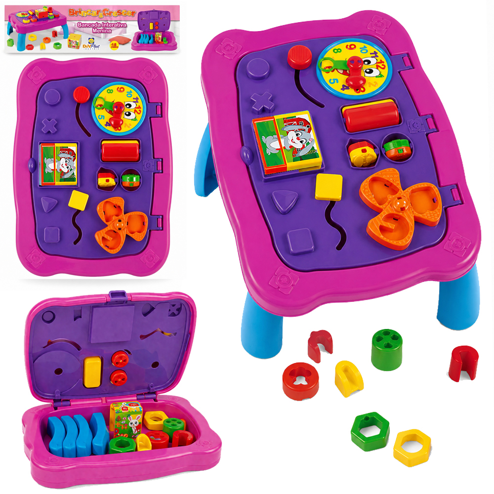 BANCADA INTERATIVA / MESA EDUCATIVA MENINA BRINCAR & CRESCER COM CUBO + ACESSORIOS 13 PECAS 44X32X25CM