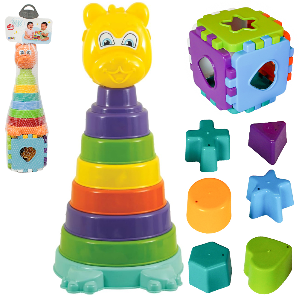 CUBO DE ENCAIXE BABY + PIRAMIDE AMIGUINHO URSO ARGOLAS DIDATICO EDUCATIVO MONTA E DESMONTA