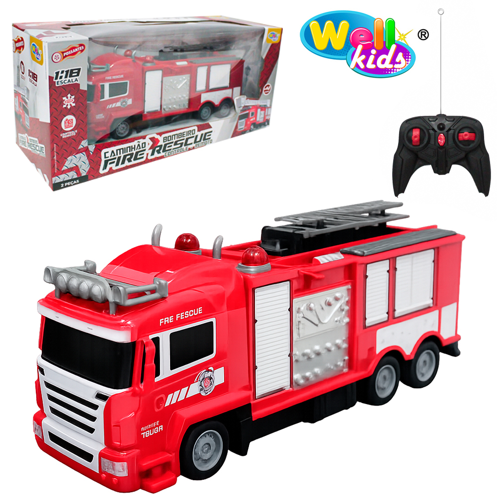 CAMINHAO BOMBEIRO COM CONTROLE REMOTO SEM FIO FIRE RESCUE POSSANTES 7 FUNCOES COM SOM E LUZ A PILHA