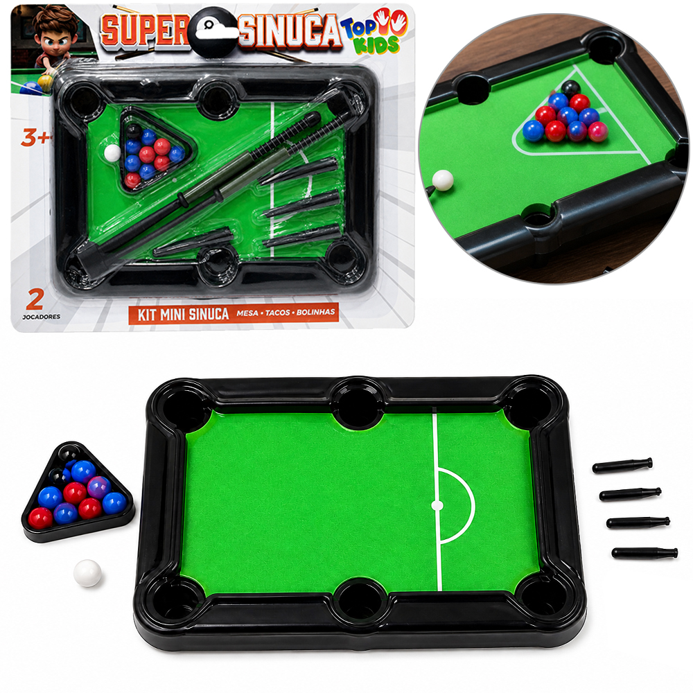 MESA DE SINUCA / BILHAR SUPER SINUCA COM ACESSORIOS TOP KIDS 18 PECAS 15,5X10,5CM