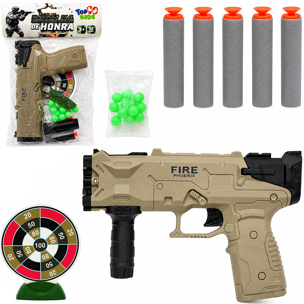 PISTOLA / REVOLVER LANCA BOLA / DARDO ESPUMA / VENTOSA 5 DARDOS + 12 BOLAS E ALVO BATALHA DE HONRA TOP KIDS