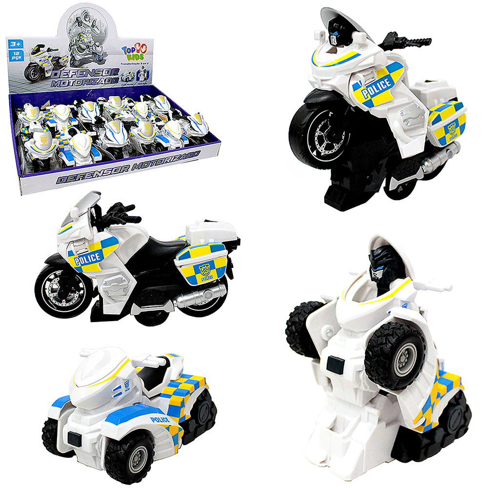 MOTO / QUADRICICLO A FRICCAO POLICIA BATE TRANSFORME ROBO DEFENSOR MOTORIZADO TOP KIDS DP PLAY