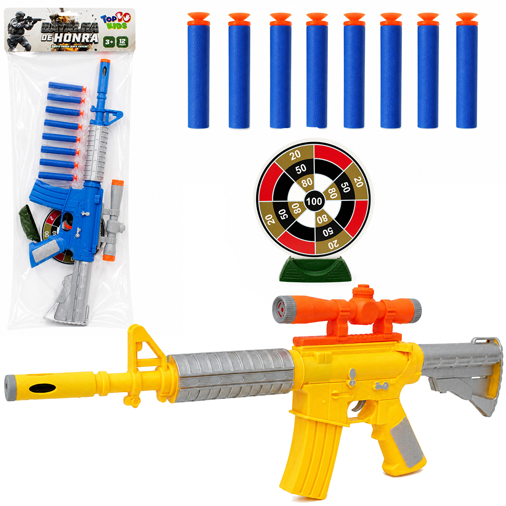 PISTOLA / METRALHADORA LANCA DARDO ESPUMA / VENTOSA COM 8 DARDOS + MIRA E ALVO BATALHA DE HONRA TOP KIDS