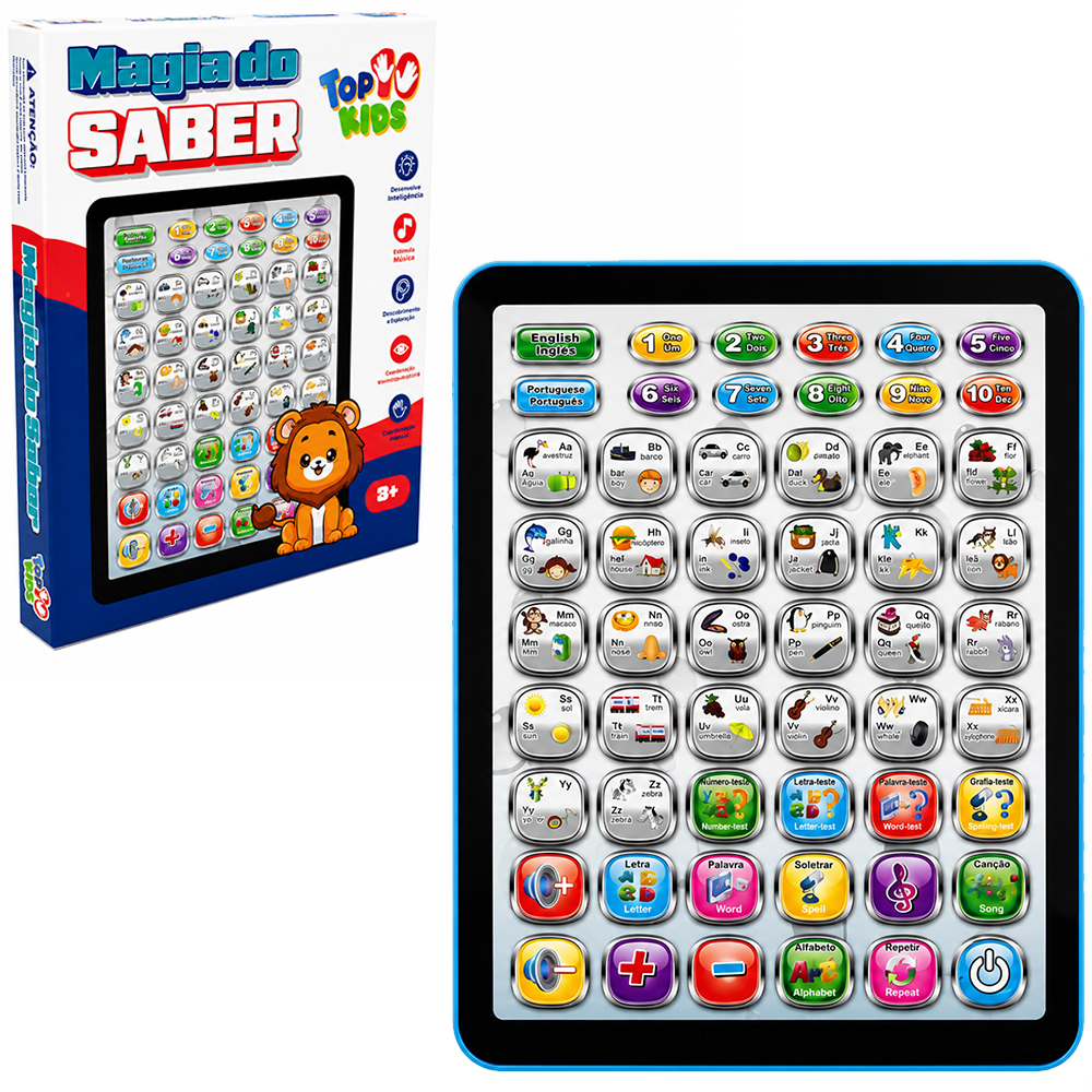 TABLET INTERATIVO BILINGUE PORTUGUES E INGLES 26 LETRAS E 32 PALAVRAS MAGIA DO SABER A PILHA TOP KIDS