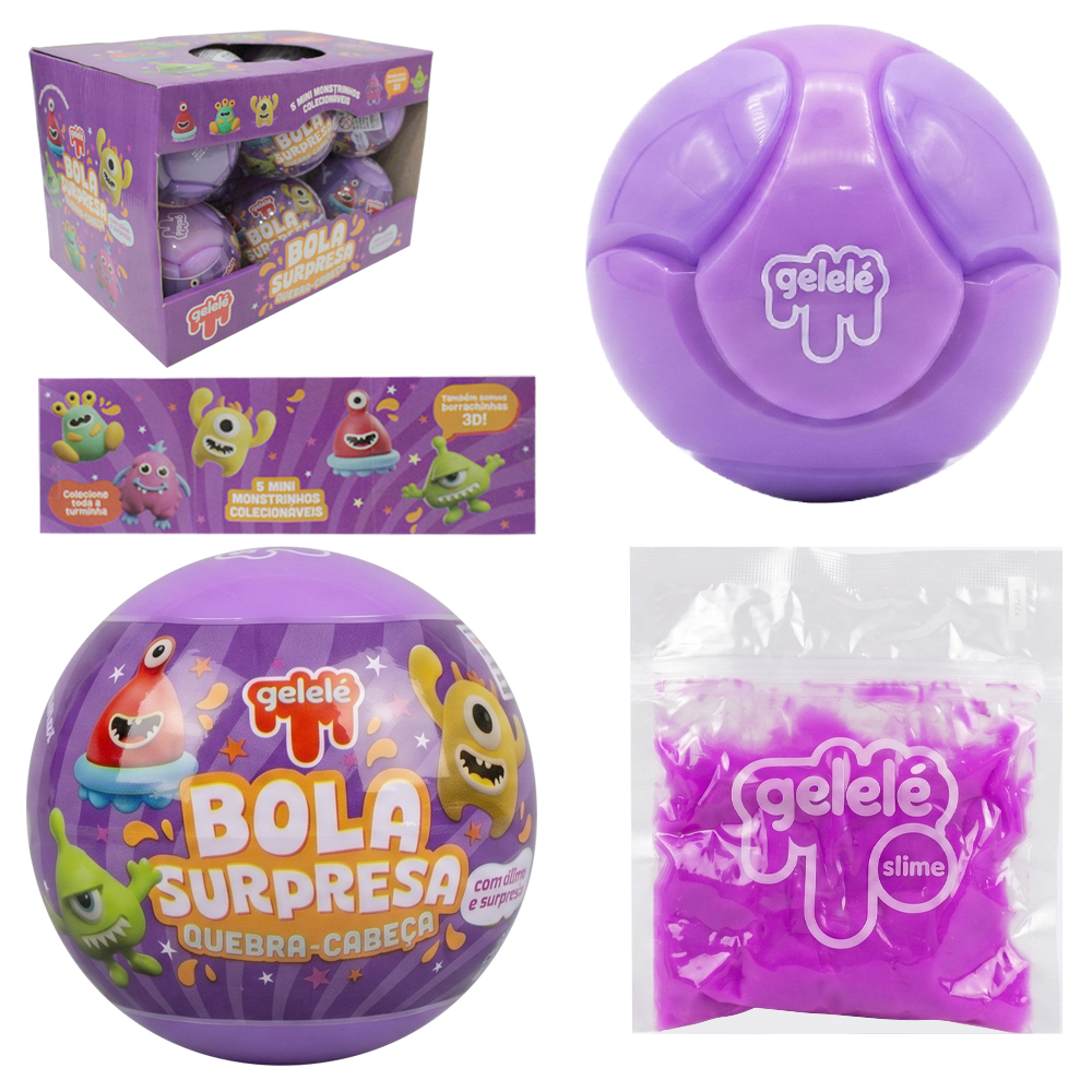 BOLA SURPRESA QUEBRA CABECA GELEINHA SLIME / GELELE 70G 5 MINI MONSTRINHOS COLECIONAVEIS DP PLAY
