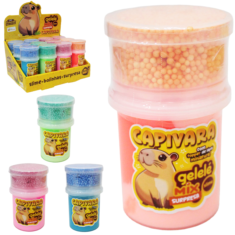 GELEINHA SLIME / GELELE MIX SUPRESA COM TOPPER DE LAPIS MINIATURA CAPIVARA + BOLINHA 153G DP PLAY