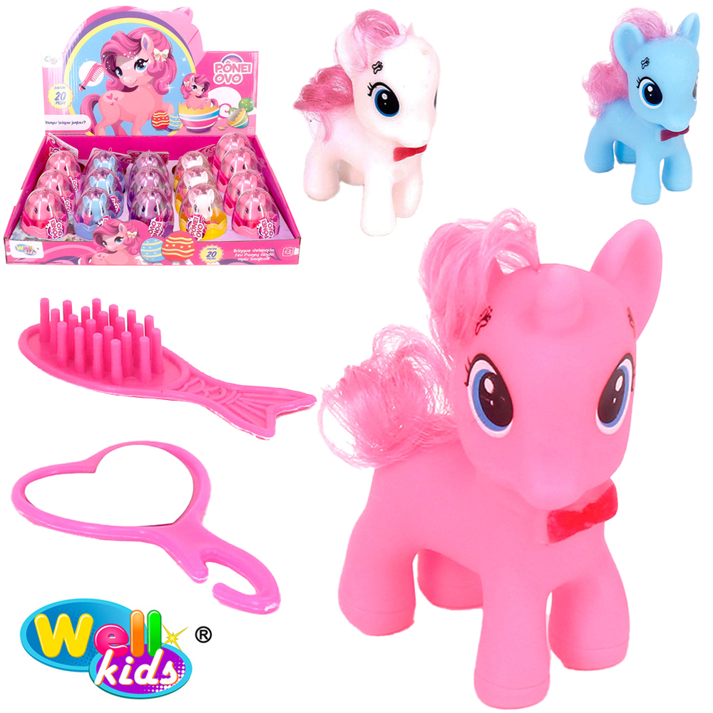 UNICORNIO / PONEY DE VINIL COM CRINA E CALDA + ESCOVA E ESPELHO NA CAPSULA OVO DP PLAY