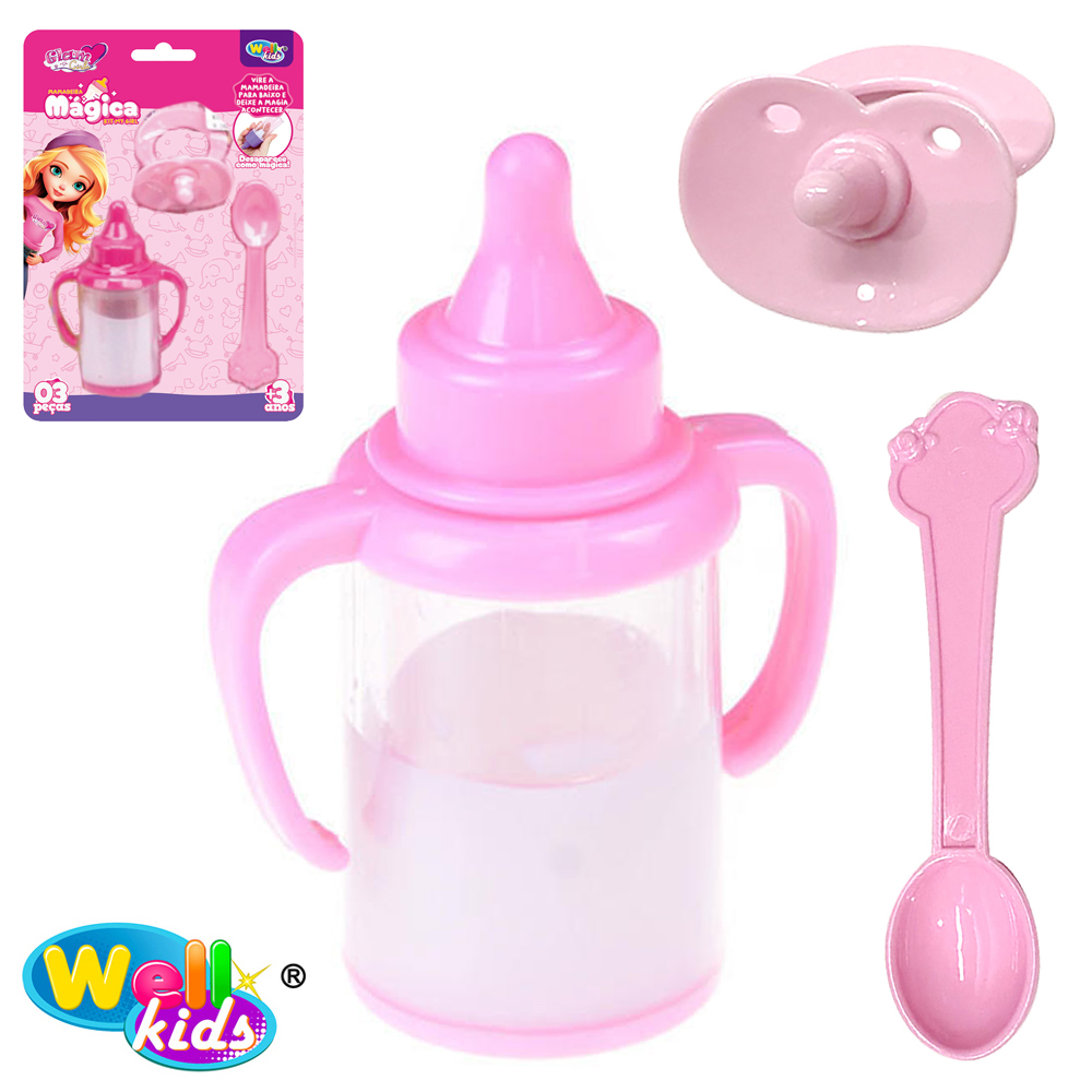 MAMADEIRA MAGICA PARA BONECA COM LEITINHO + CHUPETA E COLHER GLAM GIRLS