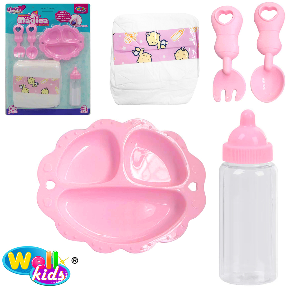 MAMADEIRA MAGICA PARA BONECA COM LEITINHO + FRALDA + PRATO + COLHER E GARFO GLAM GIRLS
