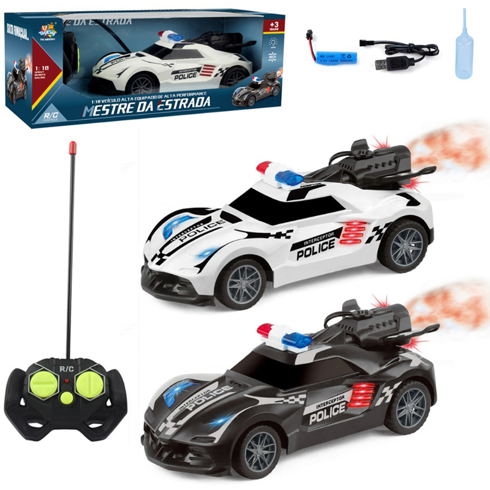 CARRO COM CONTROLE REMOTO SEM FIO POLICIA MESTRE DA ESTRADA SOLTA FUMACA 7 FUNCOES COM LUZ A BATERIA RECARREGAVEL