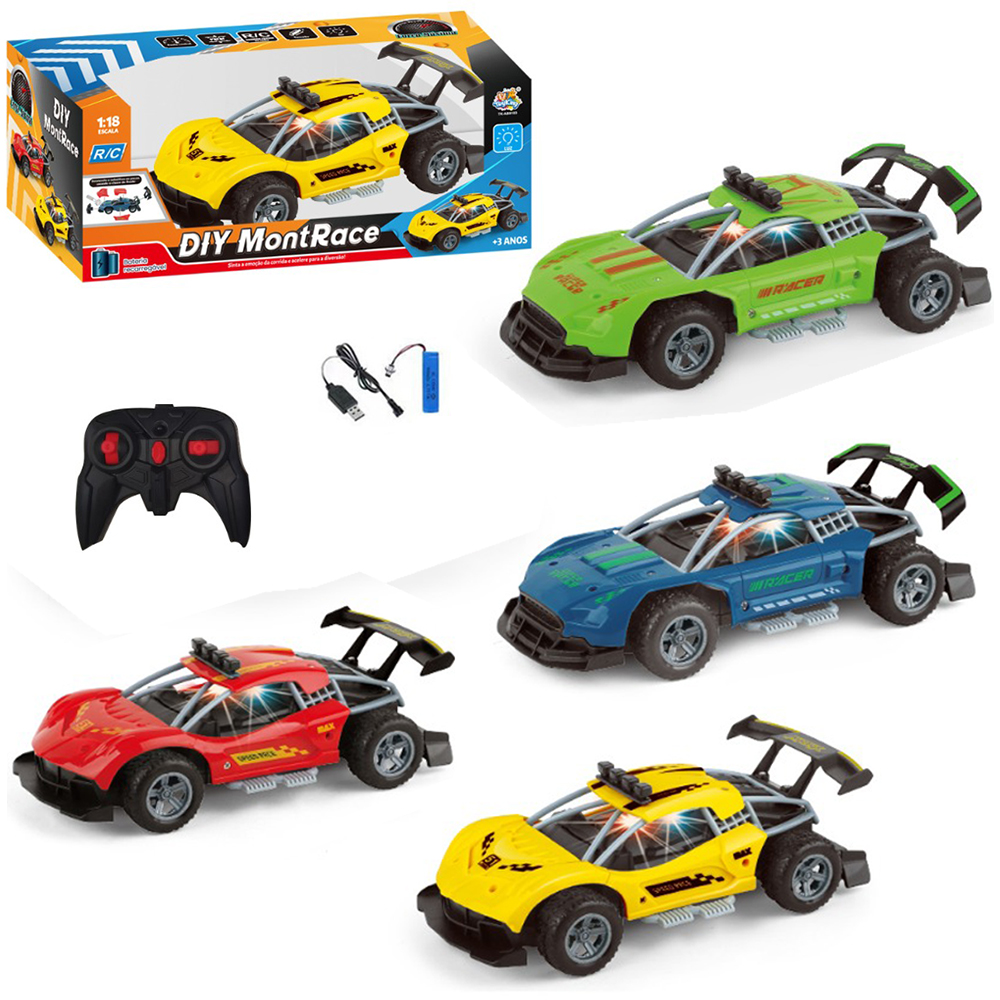 CARRO COM CONTROLE REMOTO SEM FIO DIY MONTRACE TROCA CARENAGEM 7 FUNCOES COM LUZ A BATERIA RECARREGAVEL