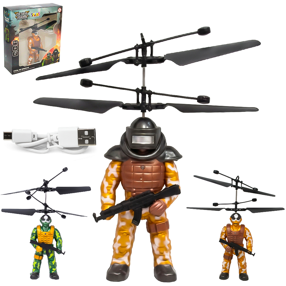 BONECO SOLDADO VOADOR DRONE COM SENSOR DE APROXIMACAO RECARREGAVEL USB + LUZ SK TOYS