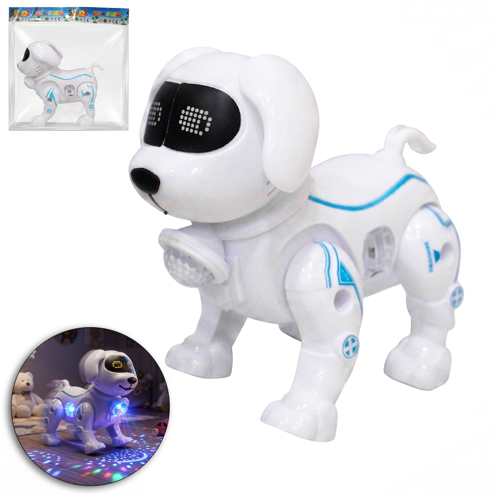 CACHORRO ROBO COM MOVIMENTO + SOM + LUZ E CORDAO SK TOYS A PILHA