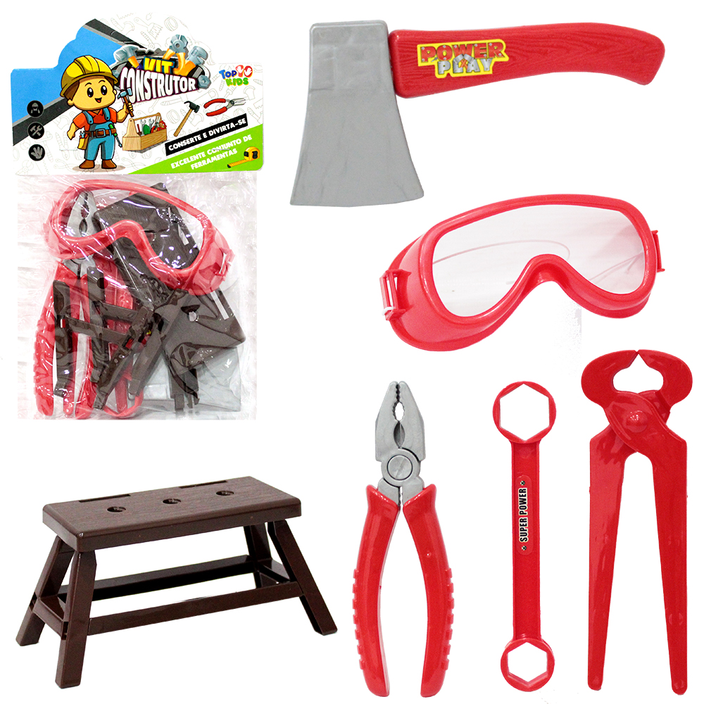 KIT FERRAMENTA INFANTIL COM BANCADA + MACHADO E ACESSORIOS CONSTRUTOR TOP KIDS 6 PECAS