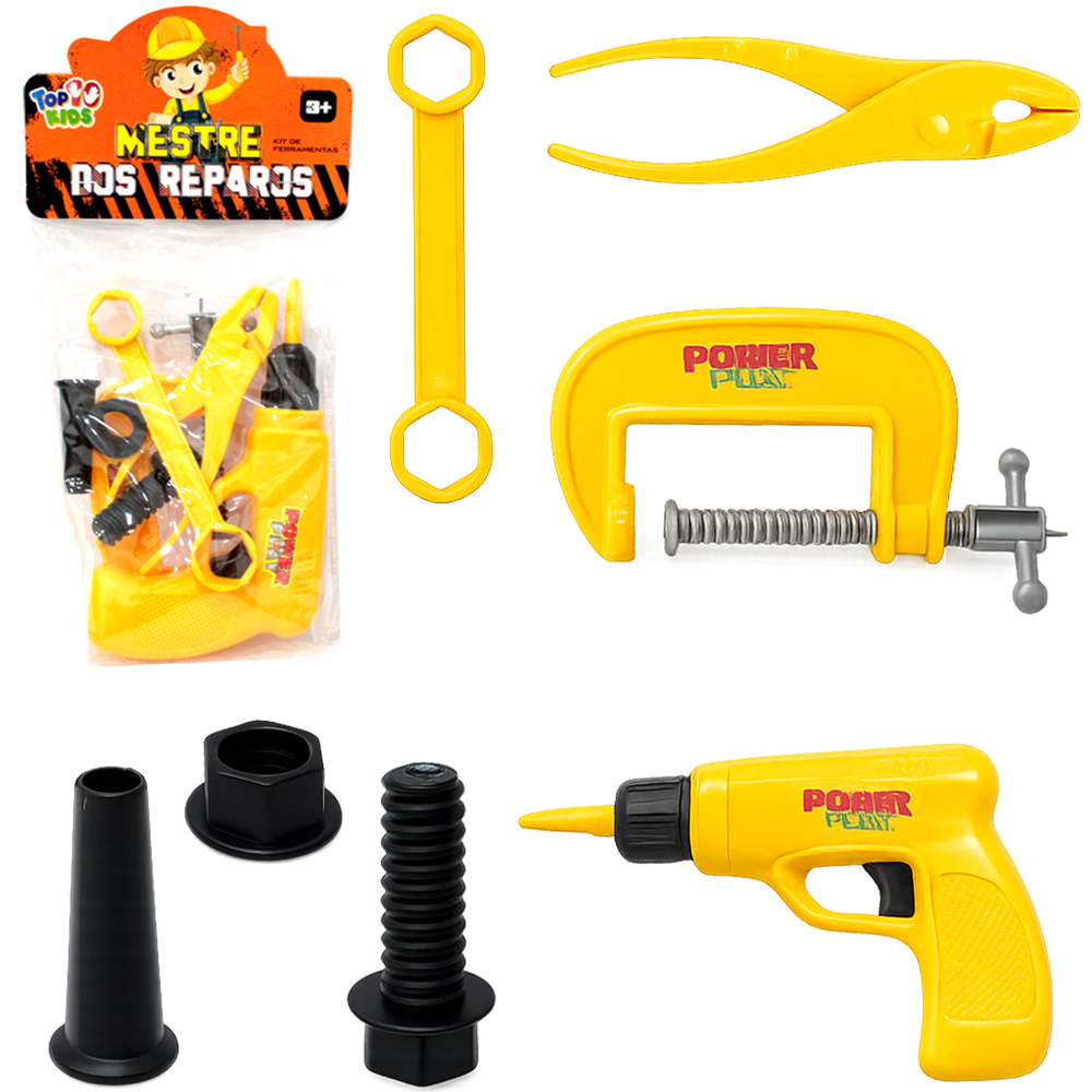 KIT FERRAMENTA INFANTIL COM FURADEIRA + ALICATE E ACESSORIOS MESTRE DOS REPAROS TOP KIDS 7 PECAS