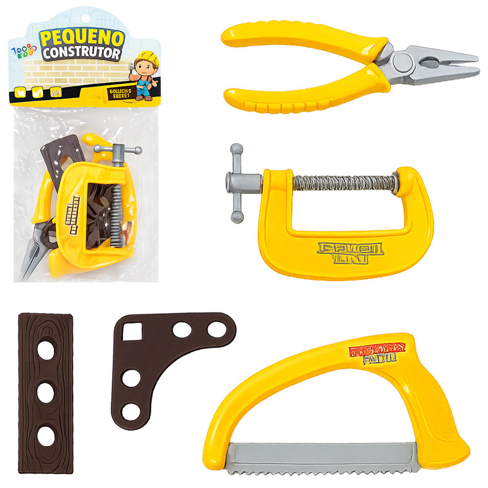 KIT FERRAMENTA INFANTIL COM GRAMPO SARGENTO TIPO C + SERROTE E ACESSORIOS PEQUENO CONSTRUTOR TOP KIDS 5 PECAS