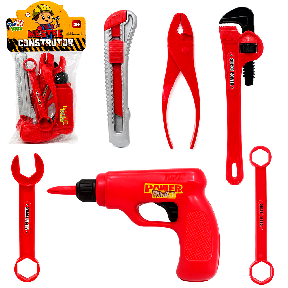 KIT FERRAMENTA INFANTIL COM FURADEIRA + ESTILETE E ACESSORIOS MESTRE CONSTRUTOR TOP KIDS 6 PECAS
