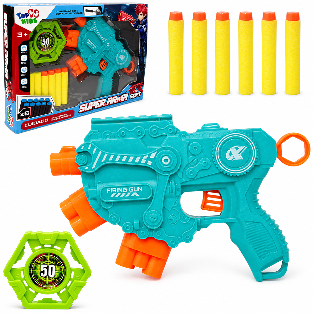 PISTOLA / REVOLVER LANCA DARDO ESPUMA COM 6 DARDOS + ALVO SUPER ARMA SOFT TOP KIDS