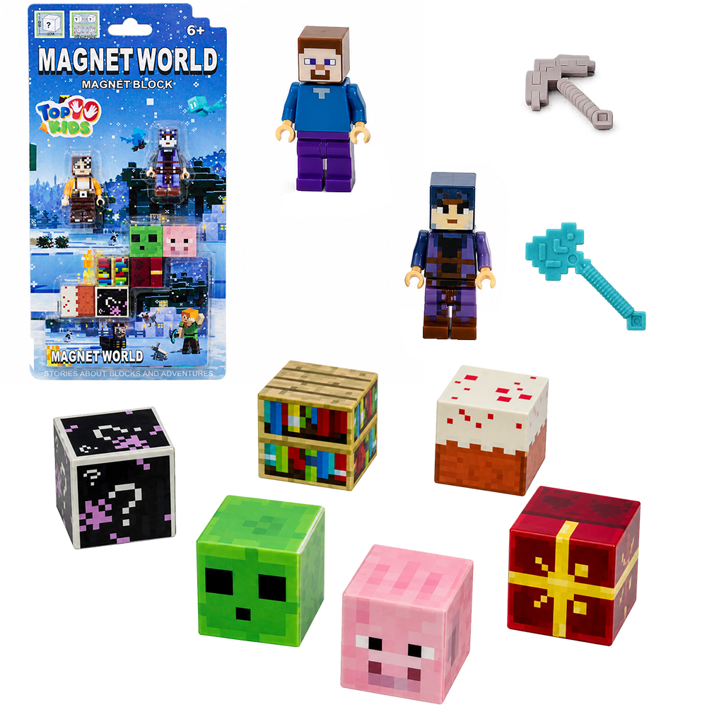 KIT COM 2 BONECOS + 4 ACESSORIOS E 6 BLOCOS MAGNETICO MAGNET WORLD TOP KIDS