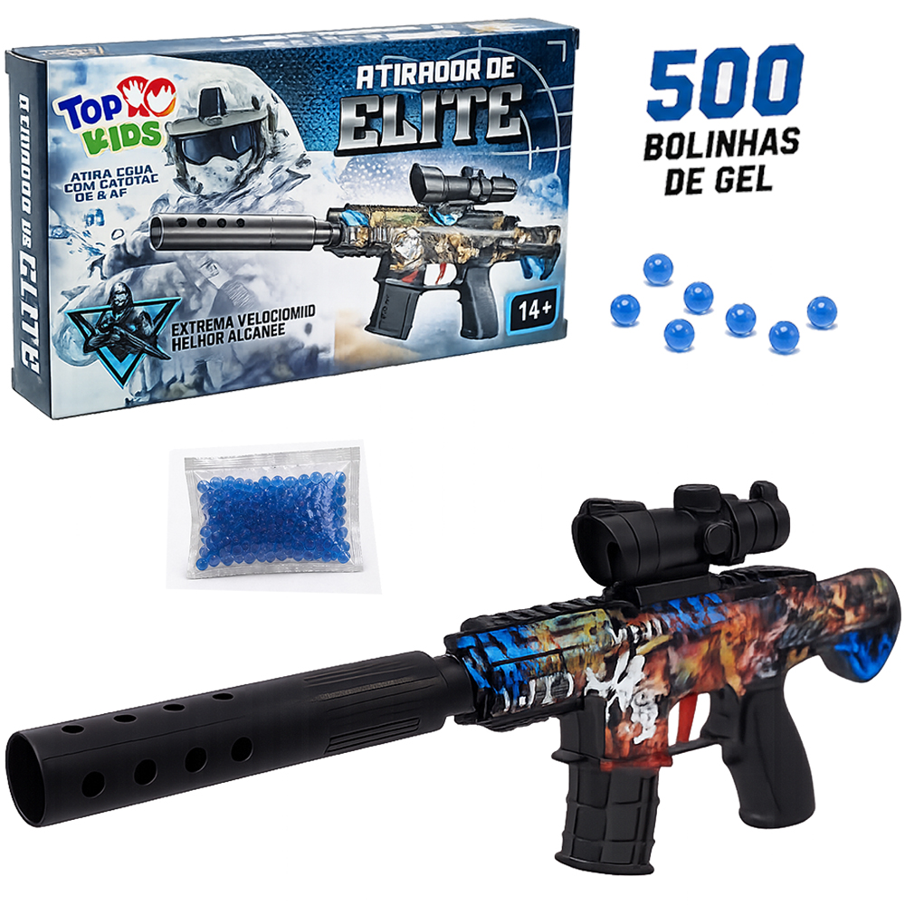 PISTOLA / METRALHADORA GRAFITADO LANCA BOLINHA GEL ATIRADOR DE ELITE COM 500 BOLINHAS TOP KIDS