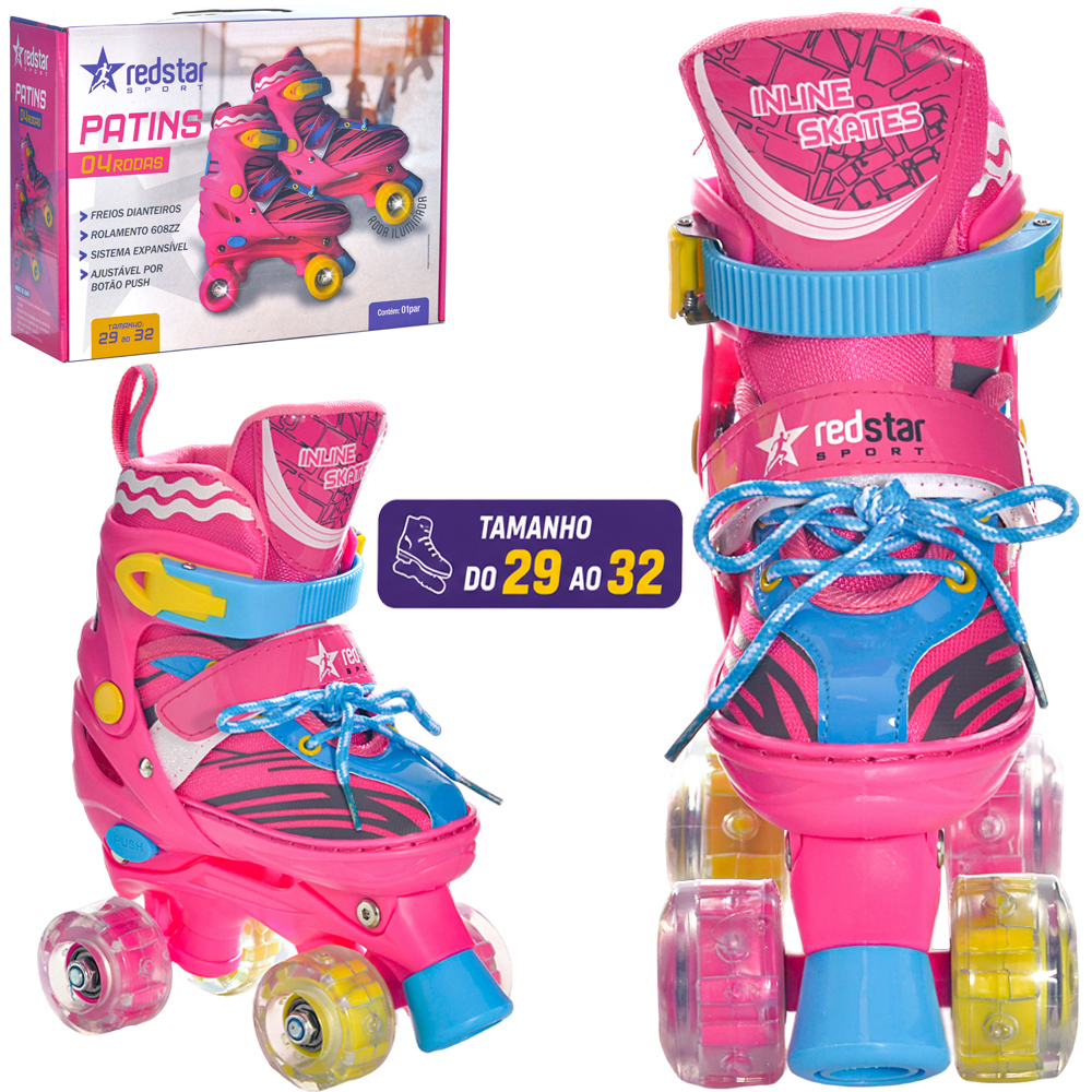 PATINS FEMININO AJUSTAVEL COM FREIO + LUZ TAMANHO 29-32