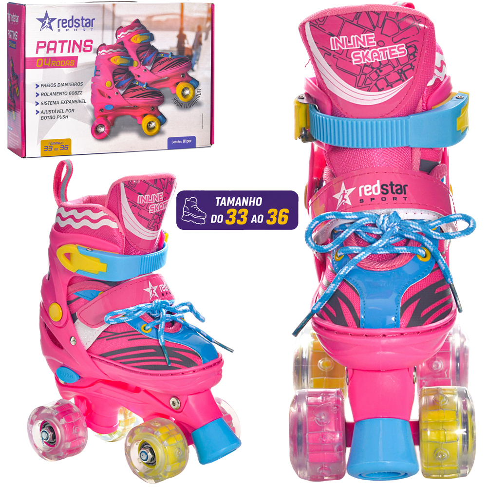 PATINS FEMININO AJUSTAVEL COM FREIO + LUZ TAMANHO 33-36