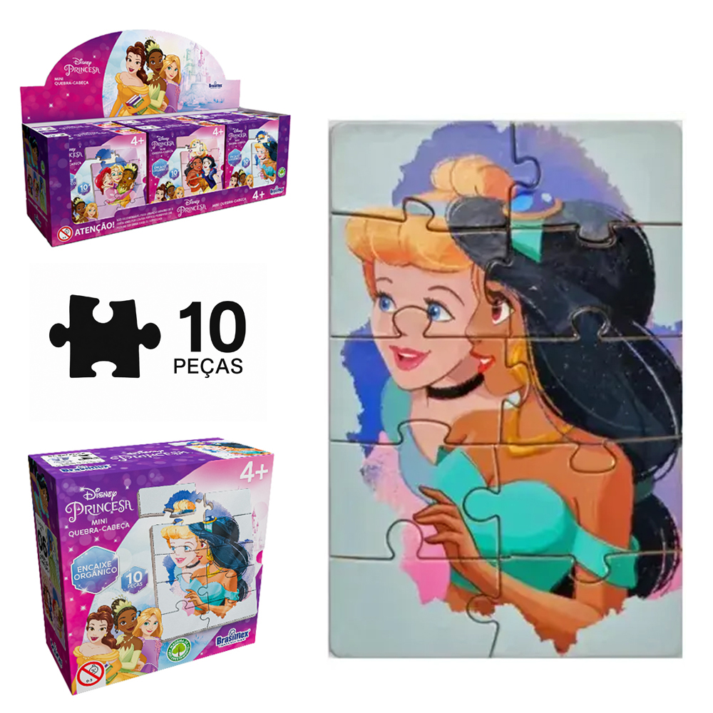 MINI QUEBRA CABECA DE MADEIRA MDF DISNEY PRINCESA COM 10 PECAS 12X8CM DP PLAY 