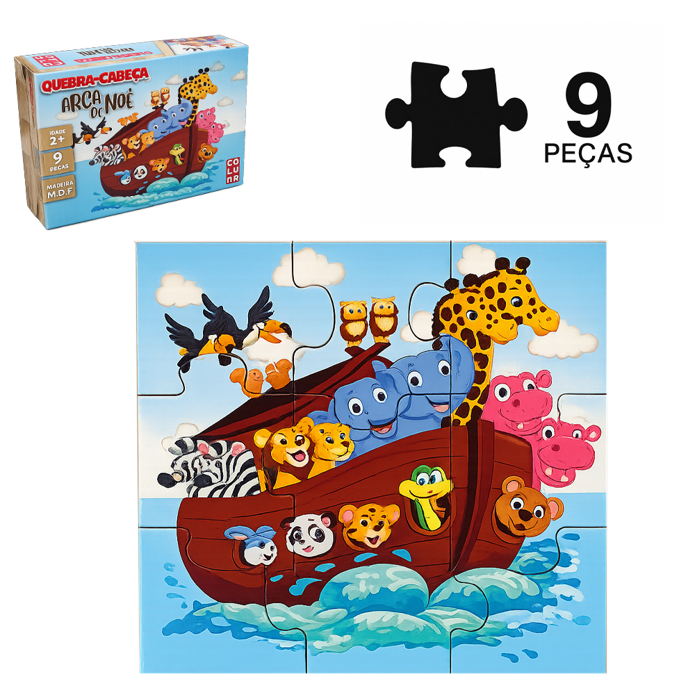 QUEBRA CABECA DE MADEIRA MDF ARCA DE NOE COM 9 PECAS 17X17CM 