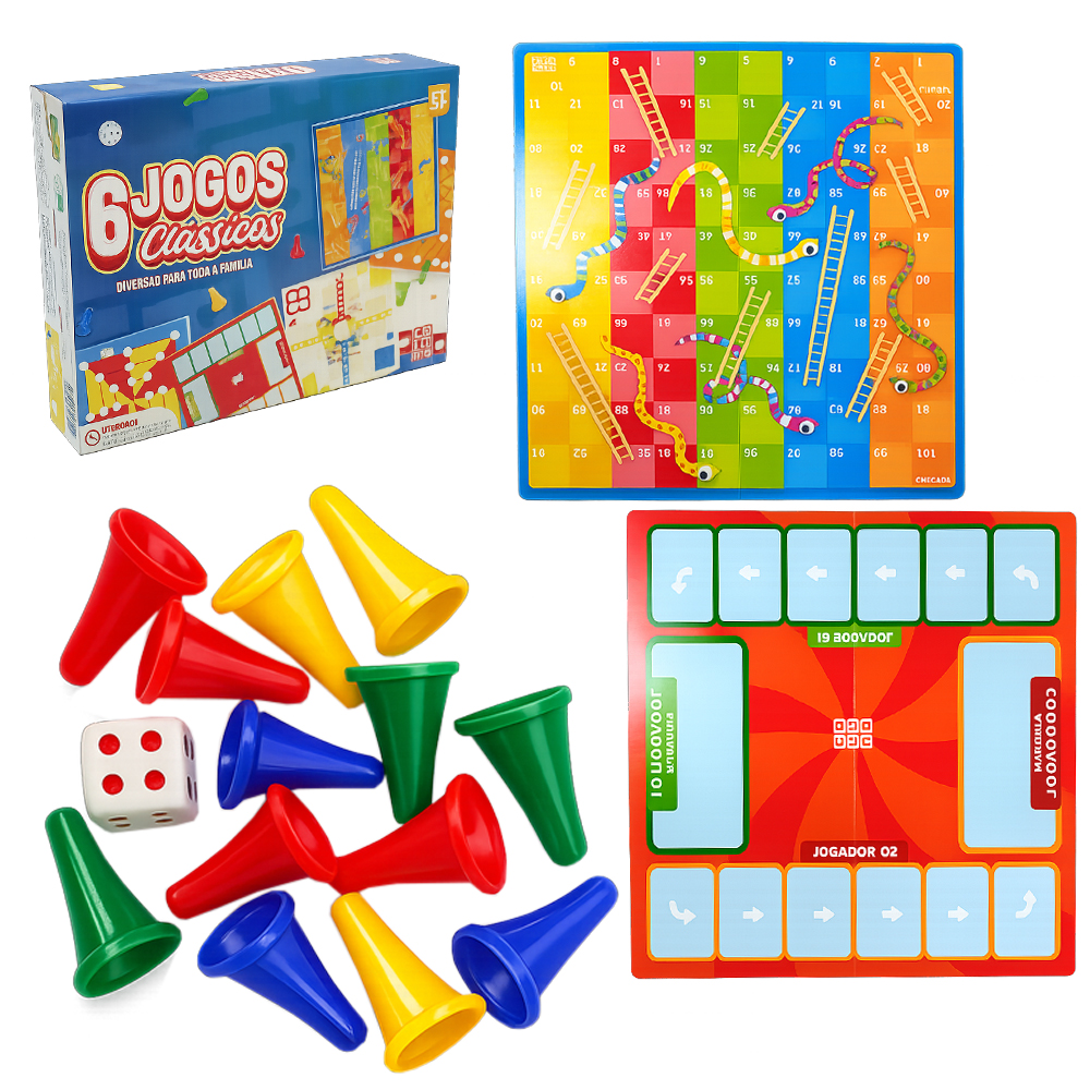 6 JOGOS CLASSICOS ESCADAS E SERPENTES + TRILHA + MANCALA FAST + ALQUERQUE + ALL QUEENS E LUDO COM 44 PECAS 