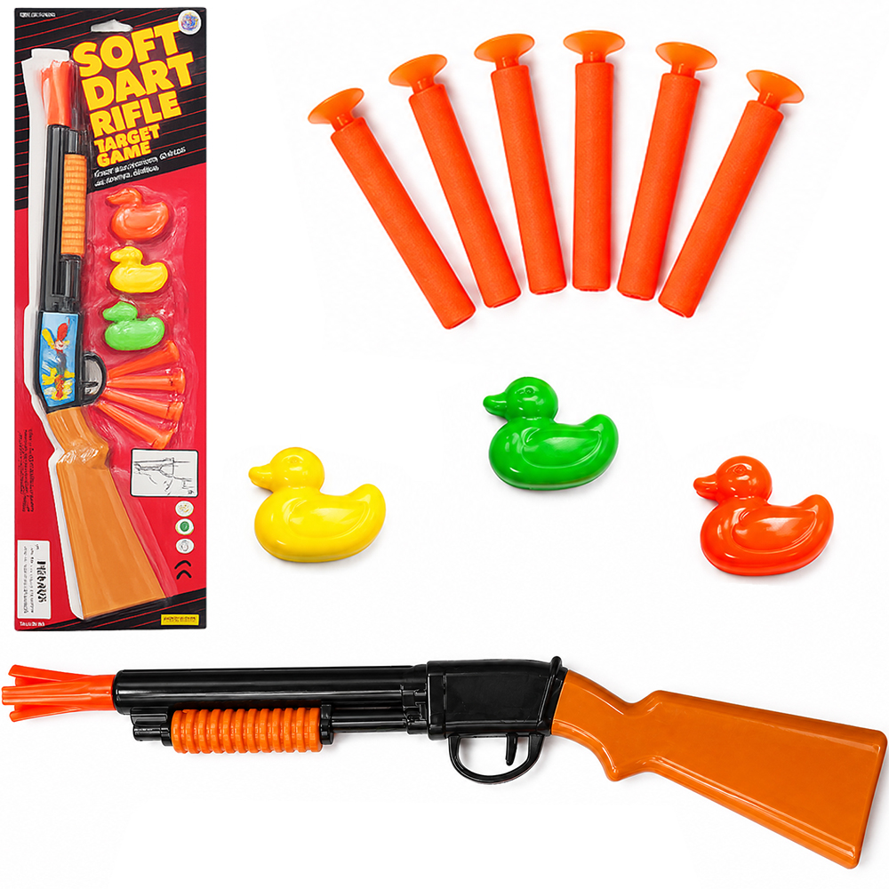 PISTOLA / ESPINGARDA LANCA DARDO VENTOSA COM 5 DARDOS + 3 PATOS SOFT DART RIFLE TARGET GAME 