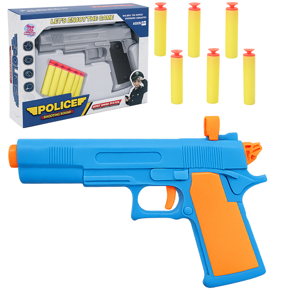 PISTOLA / REVOLVER LANCA DARDO ESPUMA/VENTOSA COM 6 DARDOS + MIRA POLICE 