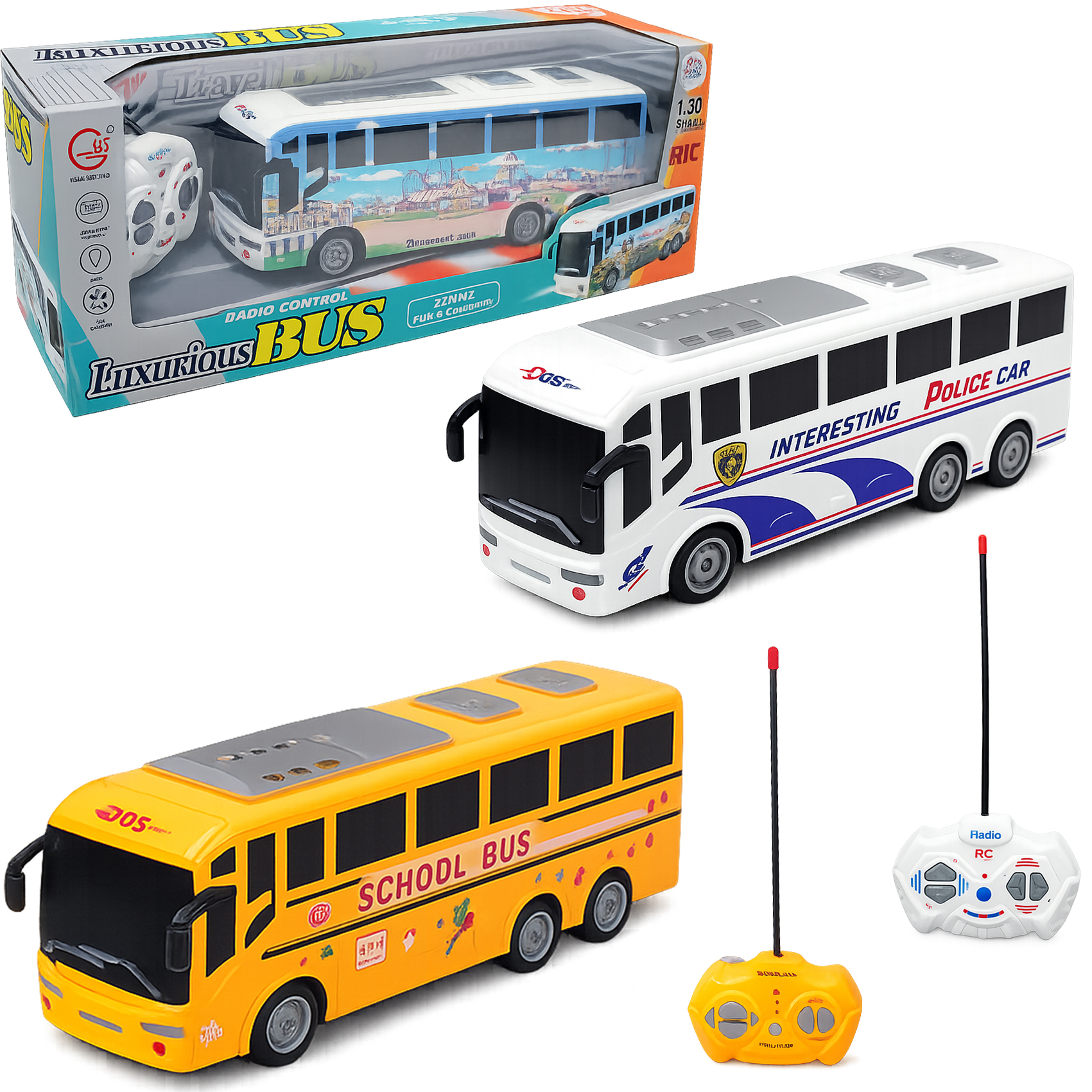 ONIBUS COM CONTROLE REMOTO SEM FIO LUXURIOUS BUS 7 FUNCOES COM LUZ A PILHA 