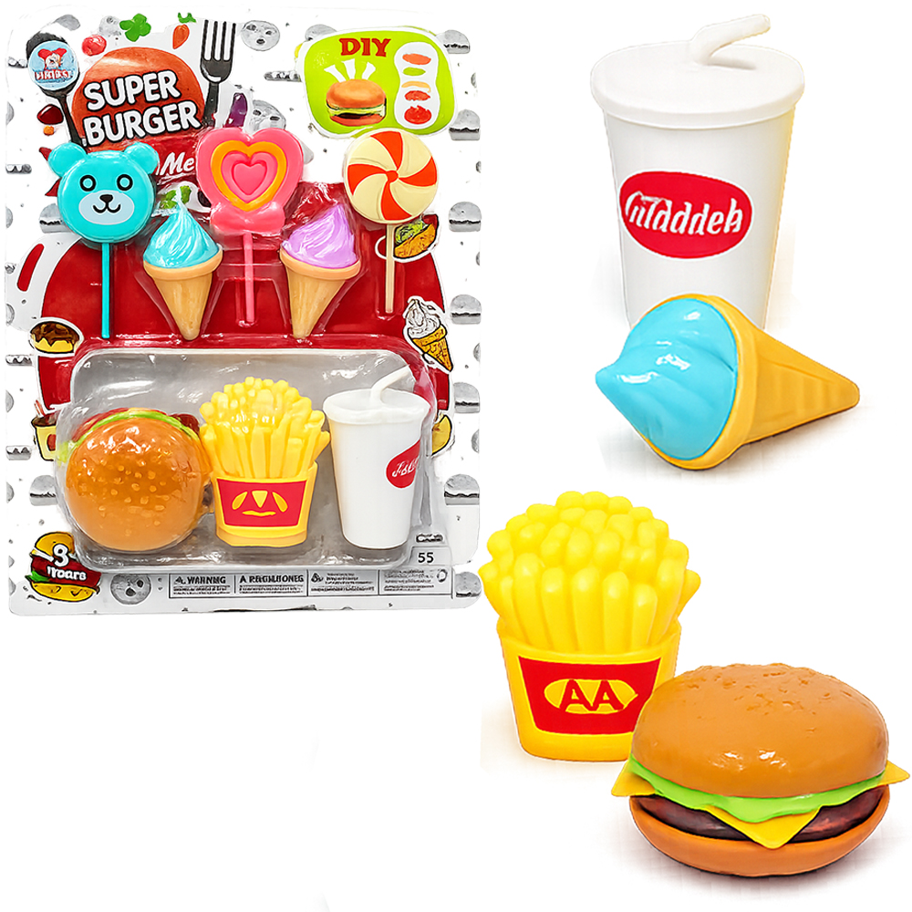 KIT COZINHA INFANTIL COM LANCHE HAMBURGUER + BATATA FRITA E ACESSORIOS SUPER BURGER 15 PECAS 