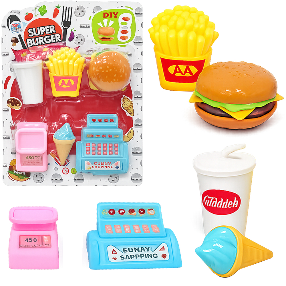 KIT COZINHA INFANTIL COM LANCHE HAMBURGUER + BATATA FRITA E ACESSORIOS SUPER BURGER 11 PECAS 