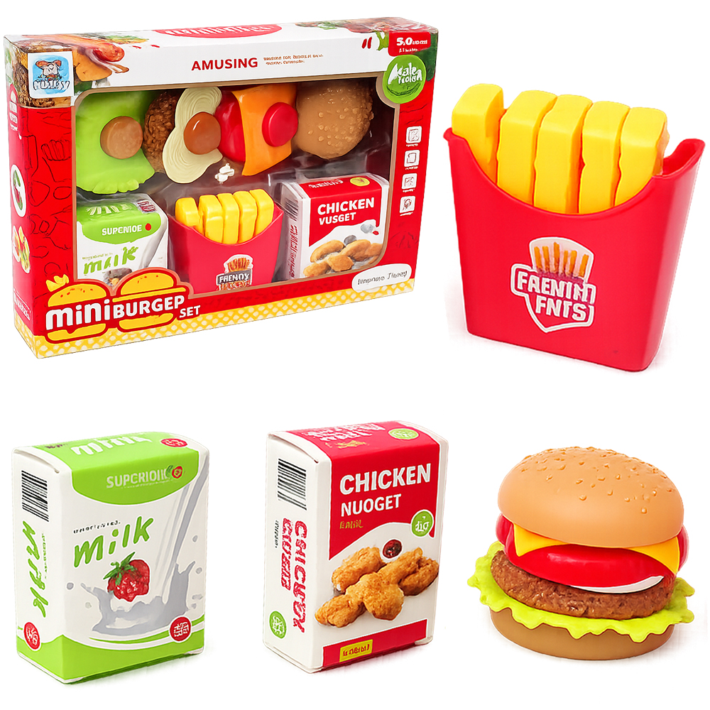 KIT COZINHA INFANTIL COM LANCHE HAMBURGUER + BATATA FRITA E ACESSORIO MINI BURGER SET GOURMET FOOD 15 PECAS 