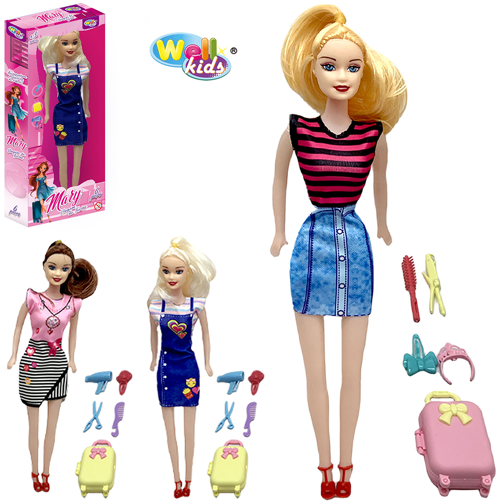 BONECA MARY VIAGEM DE FERIAS C/MALA + SECADOR E ACESSORIOS 6 PEÇAS 