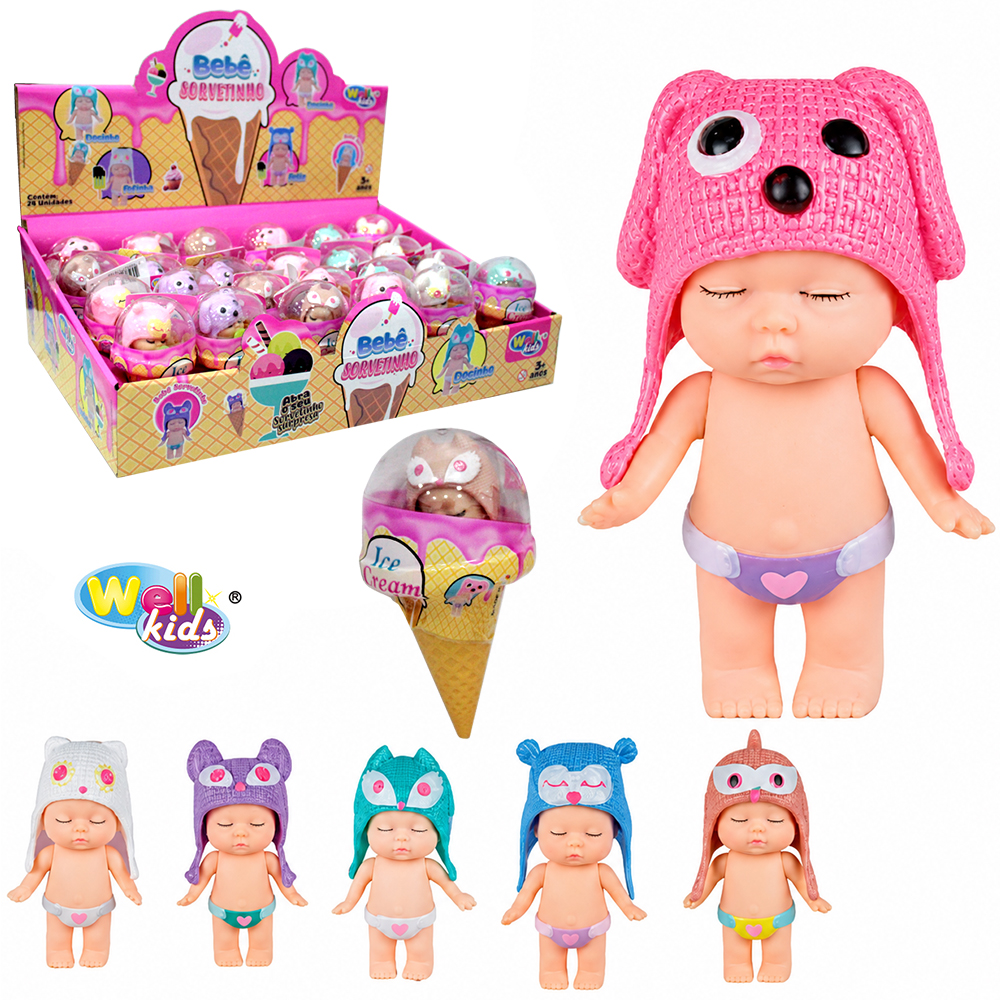 BONECA ICE CREAM BABY COM MAMADEIRA BEBE SORVETINHO NA CAPSULA SORVETE DP PLAY 