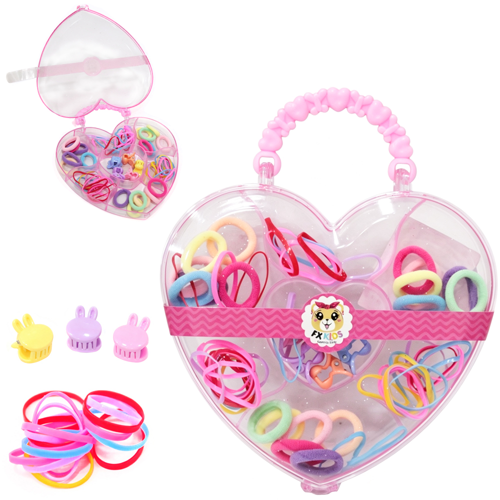 KIT ACESSORIOS PARA CABELO ELASTICO / RABICO + MINI PIRANHA NO ESTOJO CORACAO
