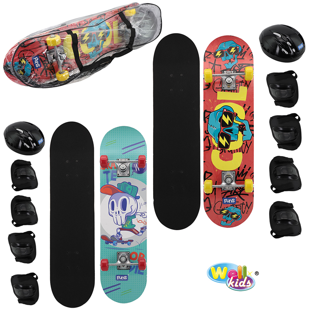 KIT SKATE COM SHAPE DE MADEIRA LIXA + TRUCK DE ALUMINIO E RODA DE PVC STREME FUNS 77,5X19,5CM 