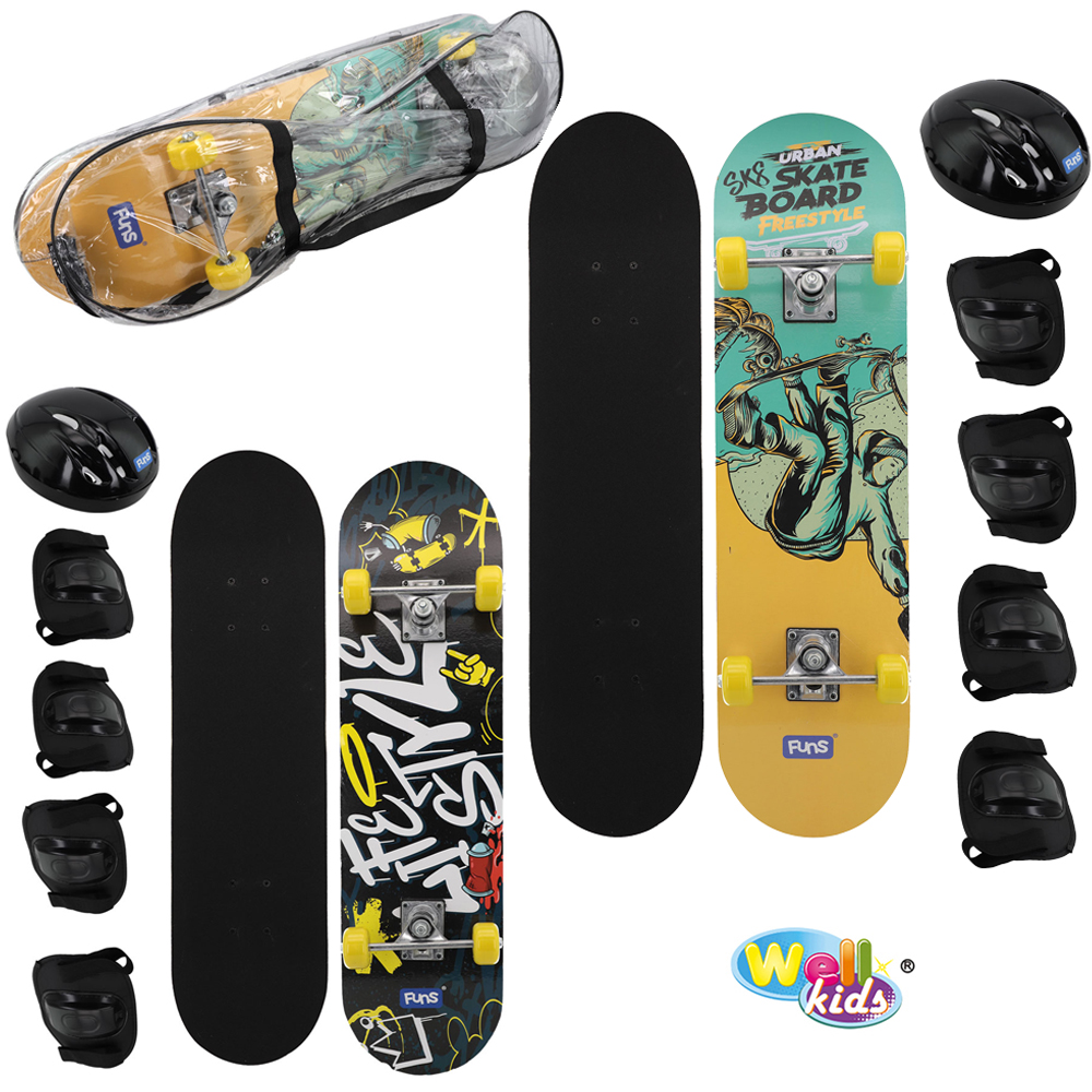 KIT SKATE COM SHAPE DE MADEIRA LIXA + TRUCK DE ALUMINIO E RODA DE PVC STREME FUNS 77,5X19,5CM 