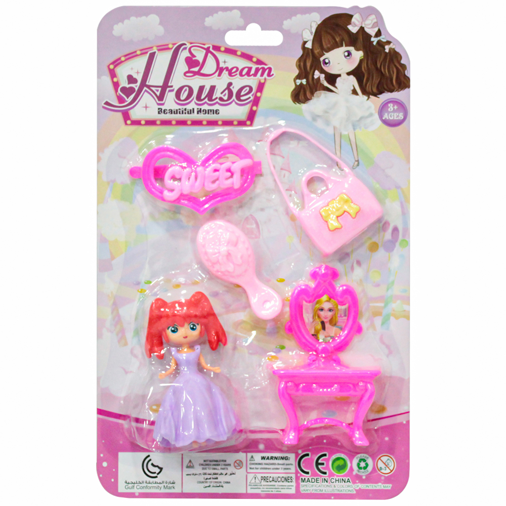 BONECA DREAM HOUSE BEAUTIFUL HOME COM PENTEADEIRA + BOLSA E ACESSORIOS 5 PECAS 