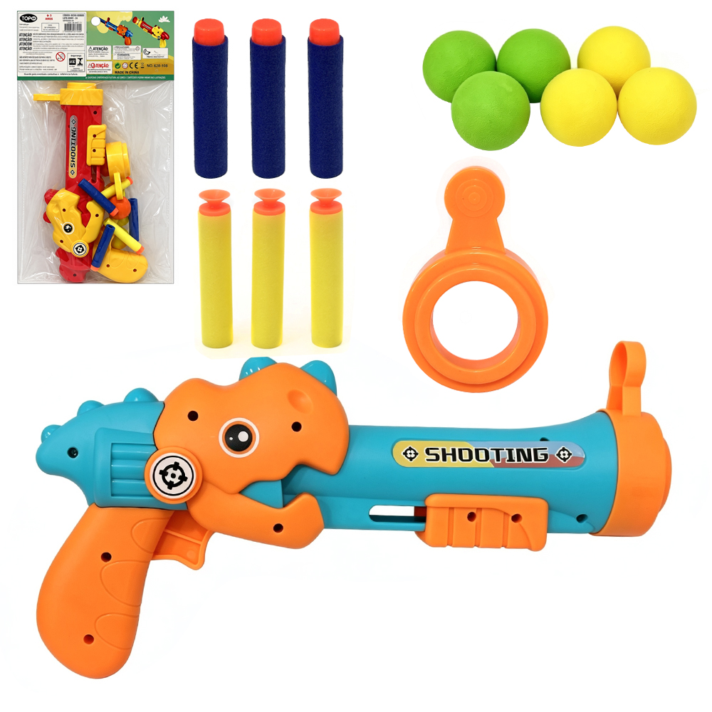 PISTOLA DINOSSAURO LANCA BOLA / DARDO ESPUMA / VENTOSA COM 6 BOLAS + 6 DARDOS E ACESSORIOS DINOSAUR SOFT BULLET GUN