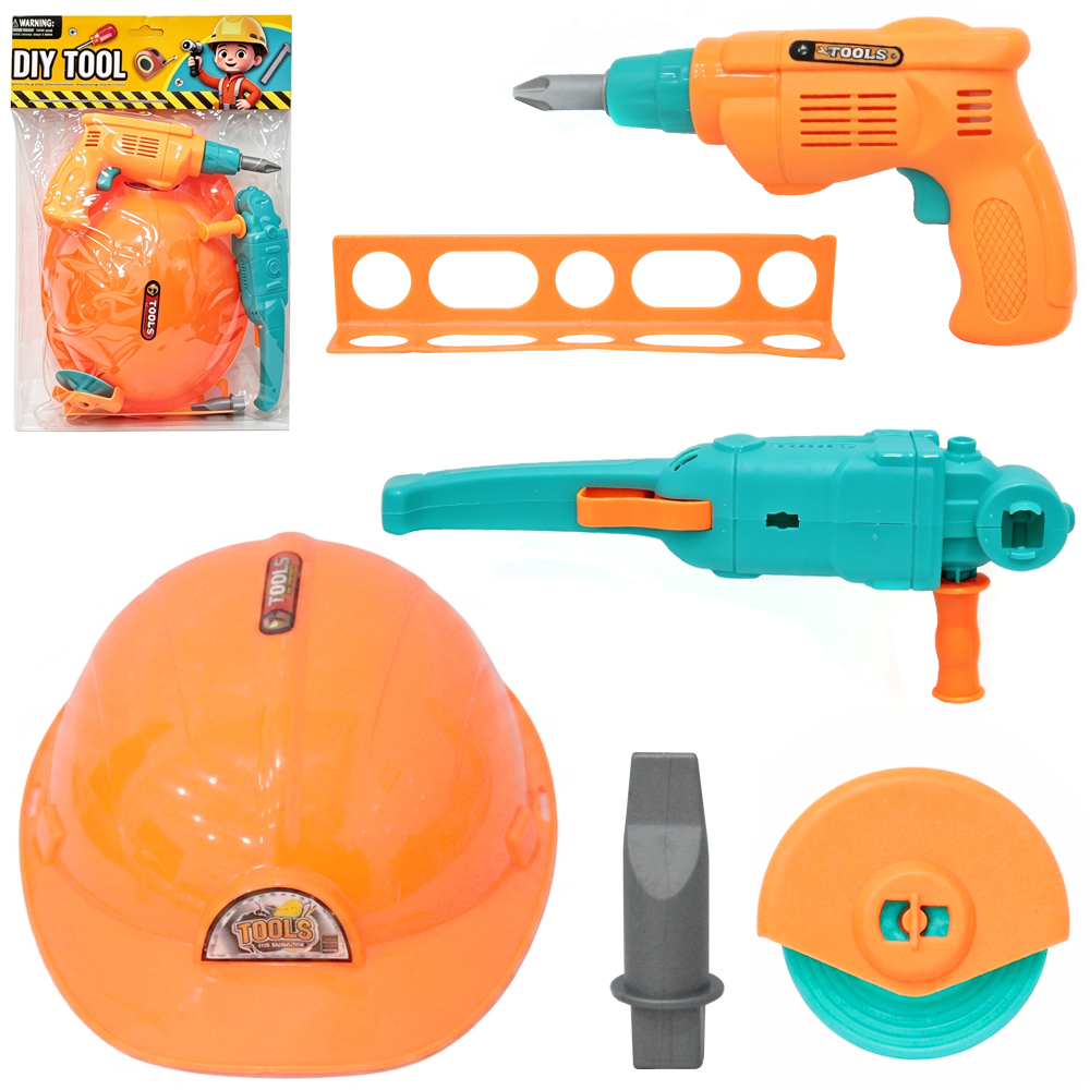 KIT FERRAMENTA INFANTIL COM CAPACETE + FURADEIRA E ACESSORIOS DIY TOOL 4 PECAS