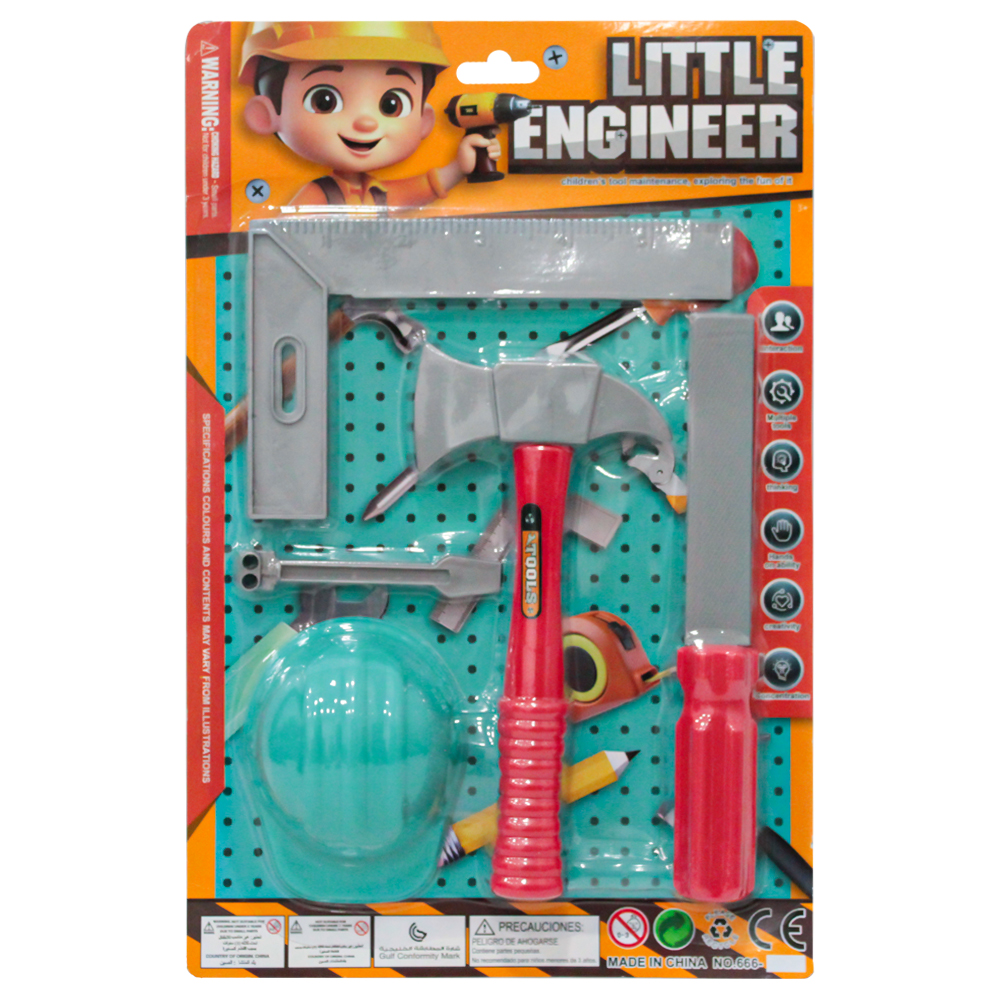 KIT FERRAMENTA INFANTIL COM CAPACETE + ESQUADRO E ACESSORIOS LITTLE ENGINEER 5 PECAS