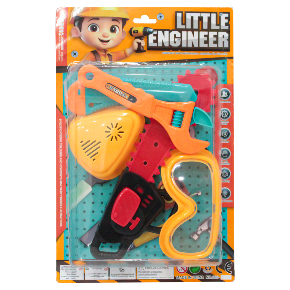 KIT FERRAMENTA INFANTIL COM MOTOSERRA + OCULOS E ACESSORIOS LITTLE ENGINEER 5 PECAS