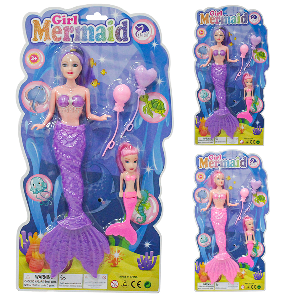 BONECA SEREIA GIRL MERMAID MAE E FILHA COM BALAO + LUZ A BATERIA 4 PECAS