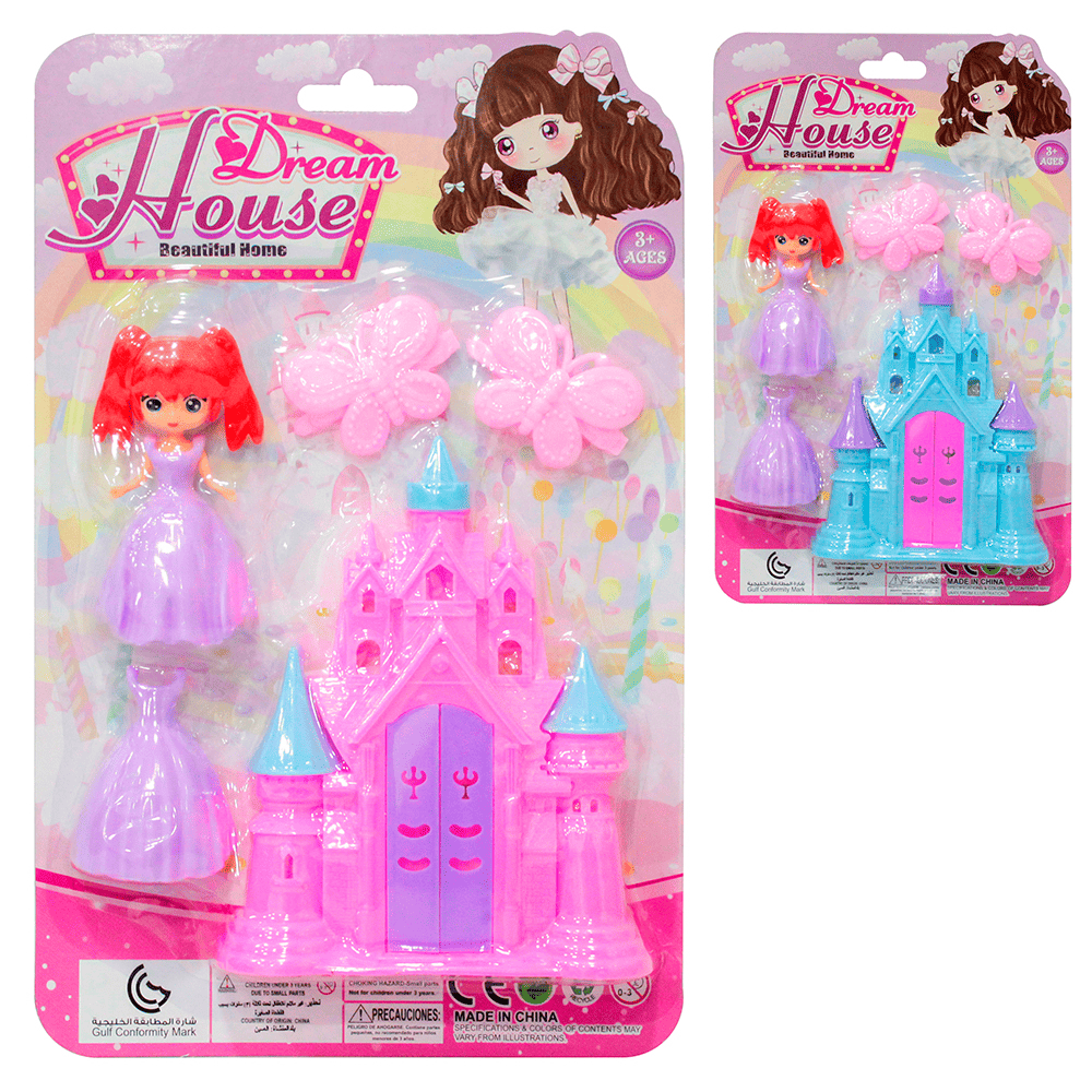 CASA / CASINHA CASTELO COM BONECA TROCA ROUPA DE PLASTICO + ACESSORIOS DREAM HOUSE BEAUTIFUL HOME 5 PECAS